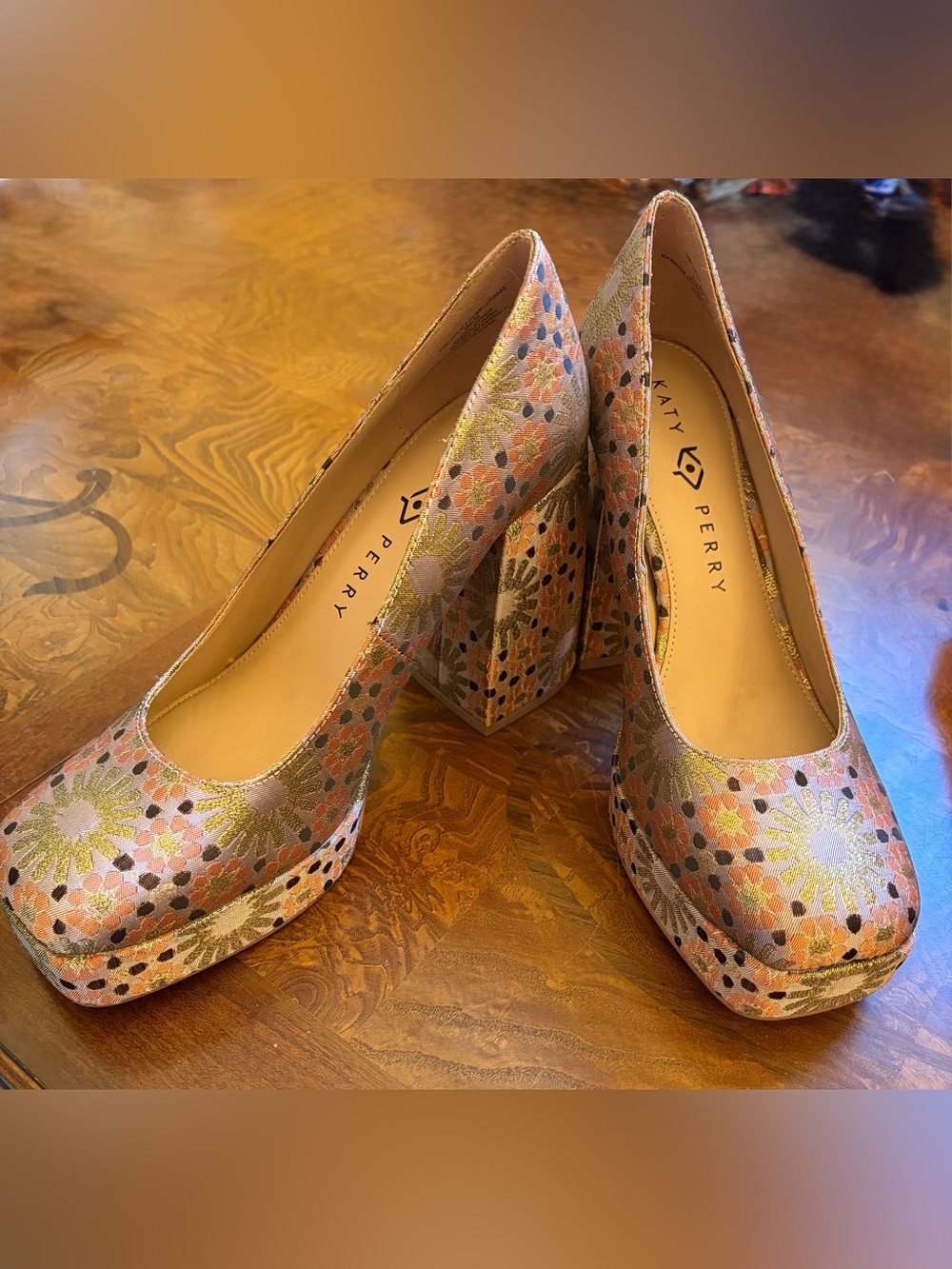Katy Perry Collections Pink Gold Floral Platform Block Heels